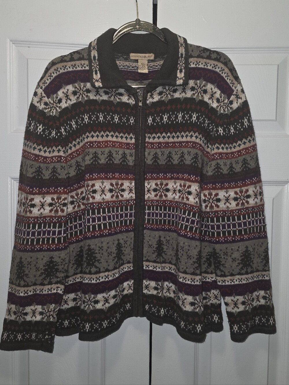 Vintage Mountain Lake Festive Winter Pines Zip Up Sweater Size XL